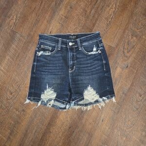 Judy Blue Distressed Denim Jean Shorts Size Small Dark Wash Stretch Raw Hem EUC